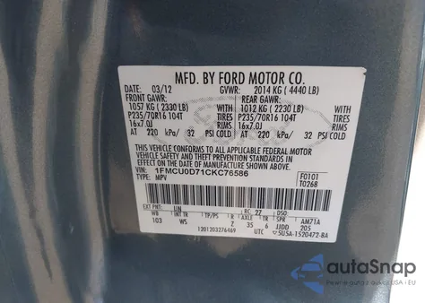 2012 Ford Escape Xlt z USA, uszkodzony, nr VIN 1FMCU0D71CKC76586